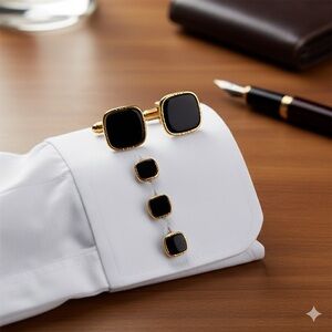 Onyx Inlaid on Gold Tone Cufflinks & Studs Jessops Jewelers. San Diego. Vintage